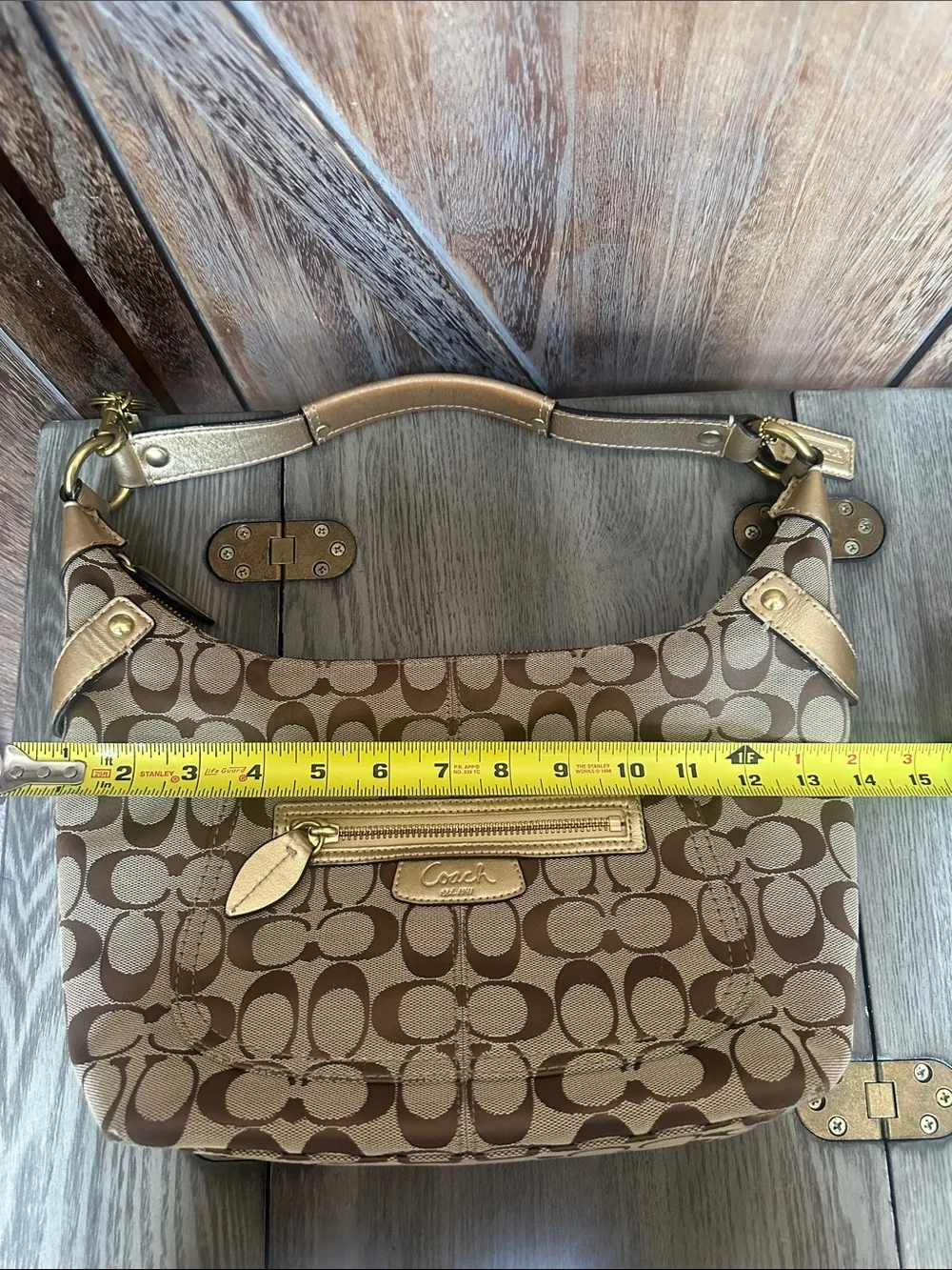 Coach Signature C Penelope Jacquard Logo Gold Leather Trim & Coach Cherry Charm